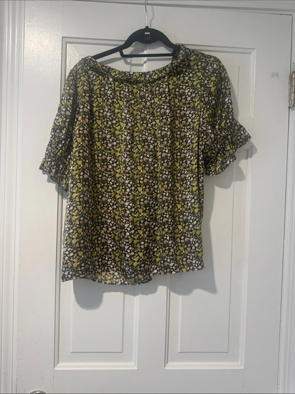 J. Crew Black Floral Ruffle Top with Yellow Accents